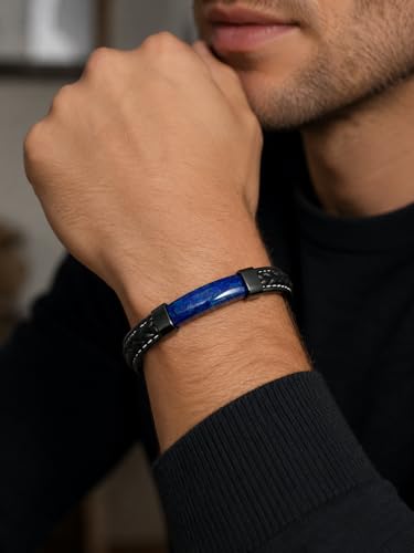 Mens Black Leather Obsidian/Turquoise/Tiger Eye/Red Agate Bracelet–Braided Multi‑Layer Wristband Cuff Bangle Bracelet with Stainless Steel Clasp Gift Jewelry Box Included - color: Style 2: Lapis Lazuli, size: 8.3in(Fits most wrists)