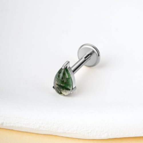 1PC ASTM F136 Titanium Push Pin Moss Agate Stone Flat Back Earrings 16G 8mm for Helix Conch Tragus - color: Waterdrop-Tit