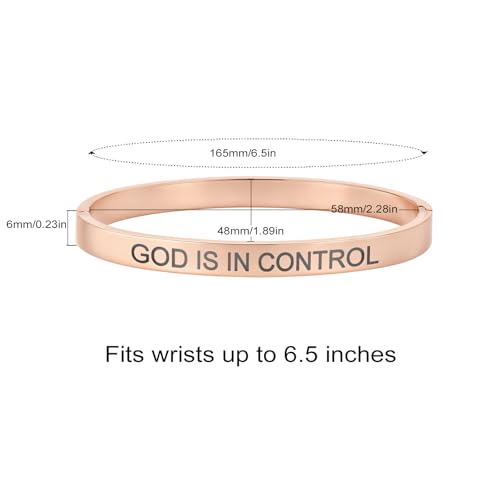 Inspirational Christian Bracelet for Women, Oval Engraved Bible Verse Love Bangle Cuff, Faith Scripture Jewelry, Religious Encouragement Gift for Mom Daughter Sister Friend - color: GOD IS IN CONTROL-Oval Bangle Rose Gold