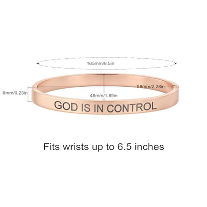 Inspirational Christian Bracelet for Women, Oval Engraved Bible Verse Love Bangle Cuff, Faith Scripture Jewelry, Religious Encouragement Gift for Mom Daughter Sister Friend - color: GOD IS IN CONTROL-Oval Bangle Rose Gold
