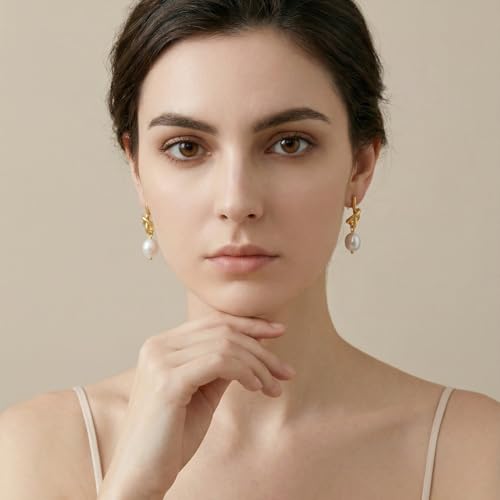 Pearl Earrings VeroSteel Dangle Earrings for Women, Dainty 14k Gold Huggie Hoop Earrings with Pearls, Trendy Pearl Drop Earrings, Stainless Steel Hypoallergenic Stud Earrings For Sensitive Ears - style: Cute Knot A