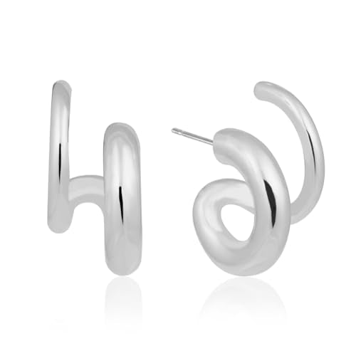 Obidos 14K Gold Plated Illusion Stud Earrings for Women | Triple Huggie Hoop Earrings for One Hole| Trendy Simple Hypoallergenic Fashion Accessories Gold Jewelry Gifts for Womens - color: Small Double Huggie Hoops-White Gold