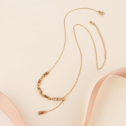 Emerald Cut Y Shaped Necklace for Women 18K Gold Plated Double Layered Y Lariat Necklace Jewelry Gift - color: Style9-Champagne
