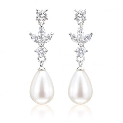 Pearl Dangle Clip On Earrings for Women - 14K Gold Silver Plated Cubic Zirconia Pearl Drop Earrings Trendy Long Non Pierced Bridal Earrings Fashion Jewelry Gifts - color: Silver