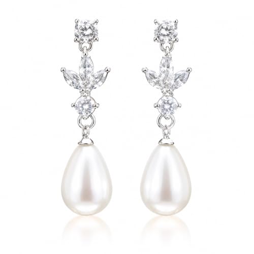 Pearl Dangle Clip On Earrings for Women - 14K Gold Silver Plated Cubic Zirconia Pearl Drop Earrings Trendy Long Non Pierced Bridal Earrings Fashion Jewelry Gifts - color: Silver