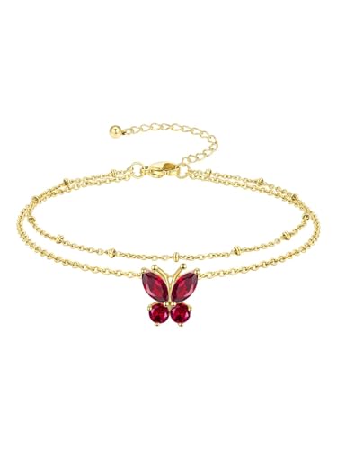 Richsteel Double Layer Heart/Butterfly Birthstone Anklet for Women | Non Tarnish Waterproof, Silver/Gold/Black Stainless Steel 8.5-10.5 Inch Adjustable Chain Anklets Summer Beach Foot Jewelry - color: Gold Butterfly-07 Jul.(Ruby)