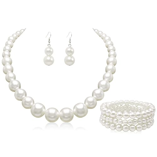 Cryshimmer Pearl Choker Necklace for Women Faux Pearl Beads Strand Necklace Earring Set Costume Jewelry,Gift for Wife Mother - color: Pearl Set-1