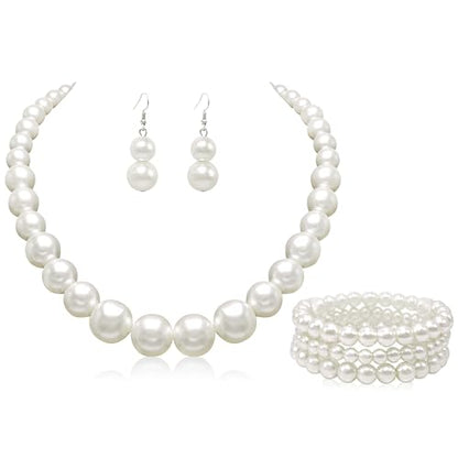 Cryshimmer Pearl Choker Necklace for Women Faux Pearl Beads Strand Necklace Earring Set Costume Jewelry,Gift for Wife Mother - color: Pearl Set-1