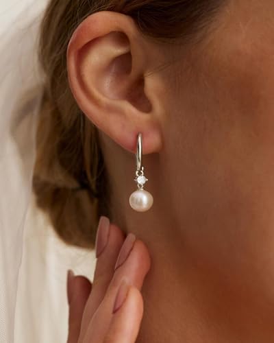 Pearl Earrings for Women Trendy Dainty Wedding Earring 14K Gold Plated/Silver Plated Dainty Cute Drop Dangle Pearl Earrings Studs Hypoallergenic CZ Diamond Wedding Earrings for Brides Prom Jewelry Gift for Women - color: 08.Silver hoop
