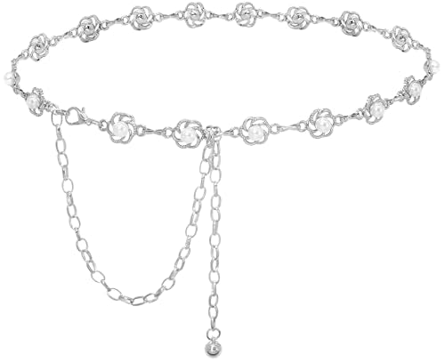 Women's Waist Chain Flower Metal Belt for Dresses Jeans | Adjustable Belly Waist Chain - color: Pearl Flower Silver, size: S: 105cm/41in