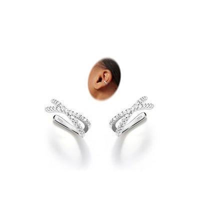 Sterling Silver Ear Cuffs Non Piercing Fake Conch Cuff Earrings for Women | 2 Pcs Adjustable Hypoallergenic Clip On Cartilage Helix Earrings with 5A Cubic Zirconia, 16K Gold Plated/Silver/Rose Gold - color: Silver