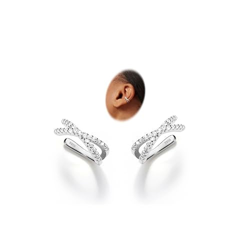 Sterling Silver Ear Cuffs Non Piercing Fake Conch Cuff Earrings for Women | 2 Pcs Adjustable Hypoallergenic Clip On Cartilage Helix Earrings with 5A Cubic Zirconia, 16K Gold Plated/Silver/Rose Gold - color: Silver