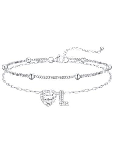 FaithHeart Waterproof Initial Ankle Bracelets for Women, Initial Anklets with Heart CZ Stainless Steel Layered Letter A-Z Anklet No Tarnish Ankle Jewelry - color: Silver, size: Initial L