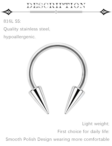 6Pcs Septum Rings 16G Surgical Steel Snake Bite Jewelry Long Spike Horseshoe Lip Rings Smiley Piercing Jewelry for Women Men 8mm 10mm - color: 16g,Diameter:8mm,silvertone