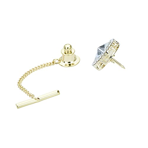Men's Classic Round Crystal Men's Tie Tack Gold Color Tie Tack Clutch Back Fashion Necktie Tack Pin with Chain Crystal Lapel Pins Brooch - color: Clear Tie Tack