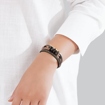 Boho Gemstone Beaded Leather Wrap Bracelets Stackable Chunky Cuff Bracelet Western Jewelry Cowboy Chic Country Concert Outfits for Women - color: Black