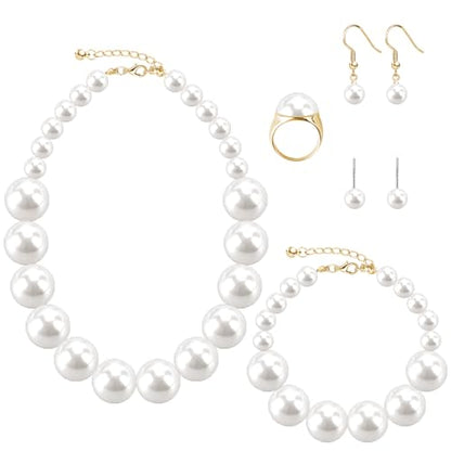 Pearl Jewelry Set for Women Faux Pearl Costume Jewelry Set with Necklace, Bracelets, Ring, Earrings for Wedding Bridal Birthday Tea Party - color: White Chunky