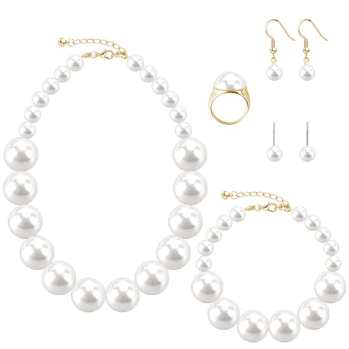 Pearl Jewelry Set for Women Faux Pearl Costume Jewelry Set with Necklace, Bracelets, Ring, Earrings for Wedding Bridal Birthday Tea Party - color: White Chunky