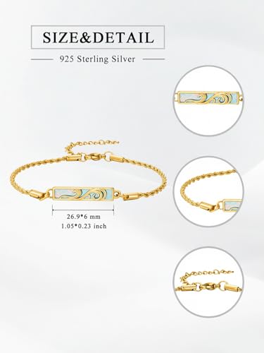 Waves/Tree of Life/Mushrooms/Moon Phase/Butterfly/Hummingbird Bracelet/Anklet 925 Sterling Silver Adjustable Abalone Shell Bar Bracelet/Anklet Summer Jewelry Gifts for Women - color: Waves-Opal-Yellow Gold, size: Bracele 7"+2"