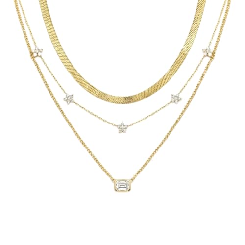 Coolkin 3 PCS Women Gifts Layered Gold Necklace for Women,14K Gold Plated Dainty CZ Pendant Layering Gold Necklaces Set Chain Choker Cubic Zirconia Necklace Trendy Jewelry Gifts - style: Rectangle CZ