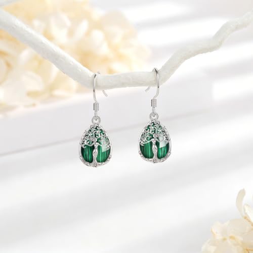 AEONSLOVE Tree of Life Crystal Earrings with Sterling Silver Ear Hooks, Dangle Drop Tree Earrings Gifts for Women - style: A01-Malachite-Teardrop