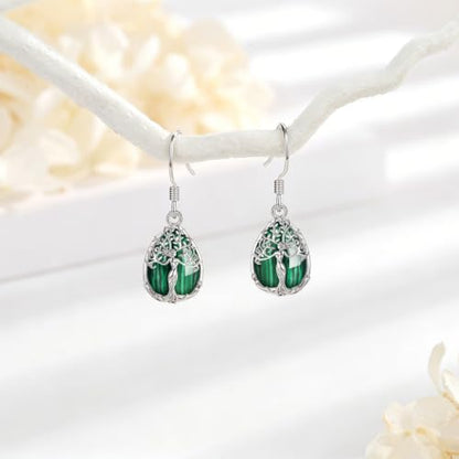 AEONSLOVE Tree of Life Crystal Earrings with Sterling Silver Ear Hooks, Dangle Drop Tree Earrings Gifts for Women - style: A01-Malachite-Teardrop