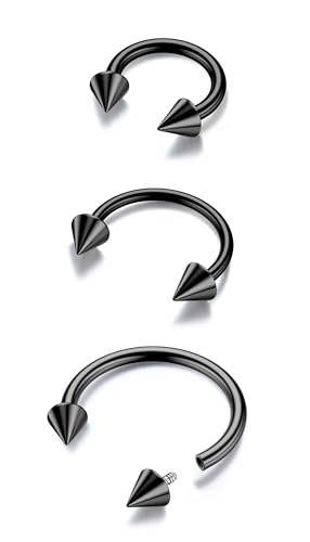 G23 Titanium 14/16/18/20G Septum Rings Horseshoe Nose Ring Jewelry | 2/3Pcs Circular Barbell Spike Lip Body Piercing Jewelry Conch Helix Tragus Earring Silver/Black 8/10/12mm 14K Gold Plated - color: Black-3pcs, size: Spike-3pcs-16g-8/10/12mm