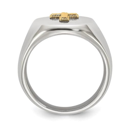 JewelryWeb 9mm Stainless Steel Polished With 14k Accent Sparkle-Cut Religious Faith Cross Oval Signet Ring Size 9 Ring for Women