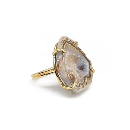 Elegant Geode Druzy Gemstone Statement Ring for Women, Adjustable Ring, Gold Plated Stone Size 20-25mm - color: Brwon, style: 1