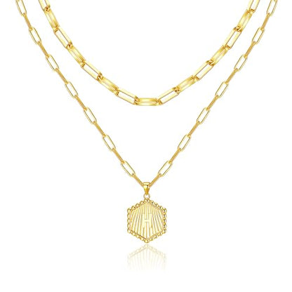 Layered Initial Necklace for Women | Gold Plated Paperclip Chain with Sunburst Hexagon Letter Pendant | Double Layer Alphabet Necklace | Personalized Minimalist Jewelry Gift - color: H