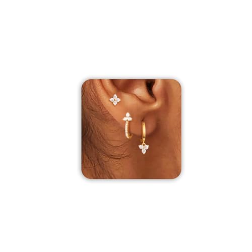 Freekiss 3 Pairs Hoop Earrings Set - Dainty Stud Dangle Cartilage for Women | Hypoallergenic Earrings, Cubic Zirconia Stackable Trendy Small Set Jewelry Gifts for Women - style: Hoop Clover Set-GD