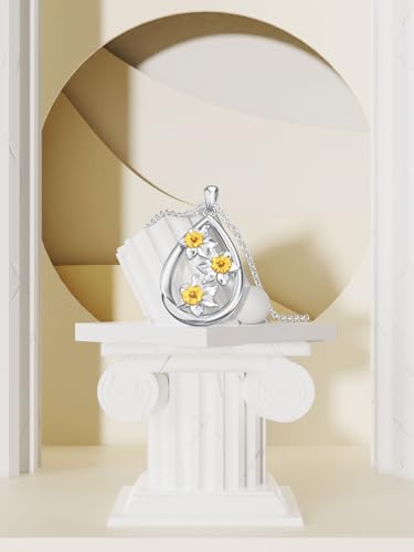12 Month Birth Flower Necklace for Women 925 Sterling Silver Floral Teardrop Pendant Birthday Jewelry Gifts - color: 03. March Daffodils
