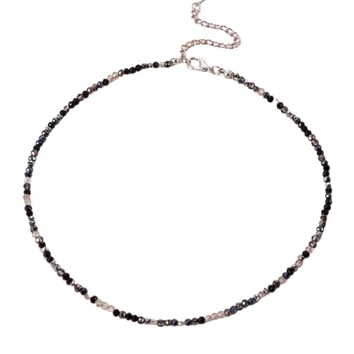 Dainty Colorful Crystal Beaded Chain Adjustable Lightweight Choker Necklace Handmade Bohemian Shiny 3mm Rice Stone Beads Necklace Boho Summer Beach Jewelry for Women - color: black