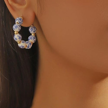3PCS Bow Beaded Jewelry Set for Women Vintage Handmade Flower Blue And White Porcelain Enamel Ribbon Necklace Bracelet and Earrings Bow Christmas Birthday Holiday Charm Romantic Jewelry Gifts - style: Style C