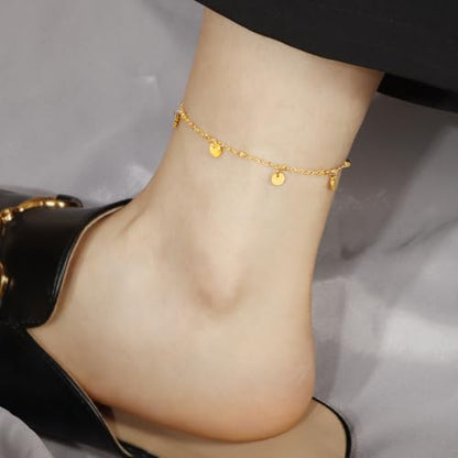 Dainty Gold Anklets for Women Stainless Steel Simple Ankle Bracelets Summer Beach Foot Chain Jewelry Gift - color: Disc Charm