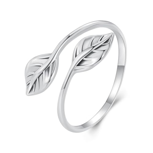 MUNDELL 925 Sterling Silver Simple Multi-layer Leaf Adjustable Ring Green Lucky Leaves Statement Ring for Women Promise Ring Fine Jewelry - color: Leaves