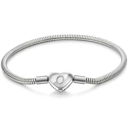 Initial Bracelet Heart Clasp Stainless Steel Snake Chain Alphabet Letter Charm Gift for Women Mom Girlfriend Wife - style: O