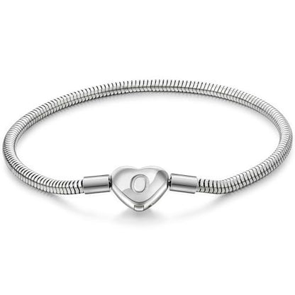 Initial Bracelet Heart Clasp Stainless Steel Snake Chain Alphabet Letter Charm Gift for Women Mom Girlfriend Wife - style: O