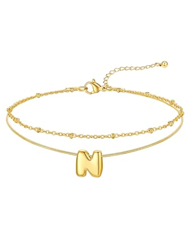 FOCALOOK Initial Anklet Bracelet for Women, 14K Gold Plated Anklets Layer Letter Ankle Chain Non Tarnish, 8.5"+2" Adjustable Large Ankle Summer Beach Foot Jewelry - color: Gold-N