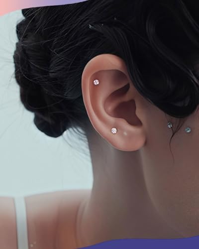 2PCS 20G/18G/16G Titanium Flat Back Nose Studs Internally Thread Cartilage Earring Studs Clear CZ Helix Tragus Earrings for Women Medusa Labret Stud Conch Piercing Jewelry Hypoallergenic - size: 0.8*6mm