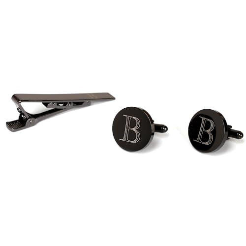 Mens Initial Cufflinks and Tie Clip A-Z Alphabet Letter Black Stainless Cuff Links Tie Bar with Engraved Walnut Wood Box Groom Groomsman Wedding Set - style: Classic-B
