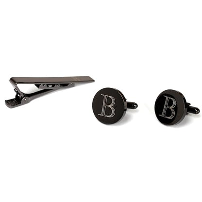 Mens Initial Cufflinks and Tie Clip A-Z Alphabet Letter Black Stainless Cuff Links Tie Bar with Engraved Walnut Wood Box Groom Groomsman Wedding Set - style: Classic-B