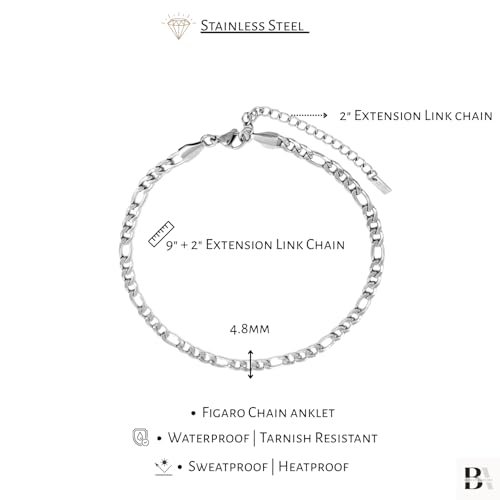 Stainless Steel Chain Ankle Bracelet for Women Adjustable Waterproof Anklet - color: Silver / 4.8mm Figaro