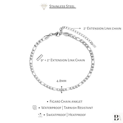 Stainless Steel Chain Ankle Bracelet for Women Adjustable Waterproof Anklet - color: Silver / 4.8mm Figaro