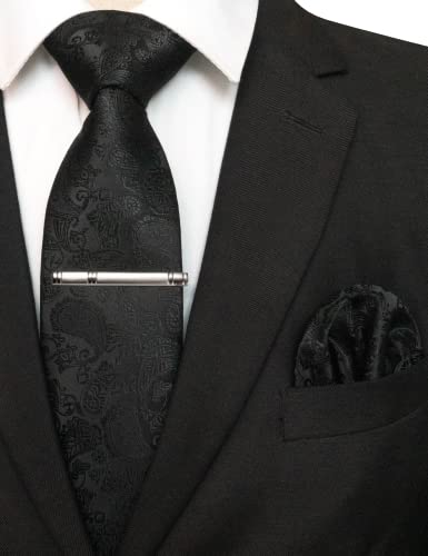 JEMYGINS Mens Solid Color Paisley Necktie and Pocket Square with Tie Clip Sets - color: Black