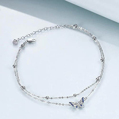 POPLYKE 925 Sterling Silver Double Layered Chain Evil Eye Daisy Sunflower Butterfly Anklets for Women Holiday Beach Crystal Ankle Bracelet Dainty Evil Eye Jewelry - style: Butterfly Anklet