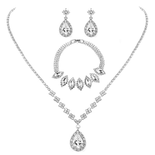 Unicra Bride Crystal Necklace Earrings Set Bridal Wedding Jewelry Sets Rhinestone Choker Necklace Prom Costume Jewelry Set for Women and Brides - color: E-3 Pack Silver Necklace Bracelet Earrings