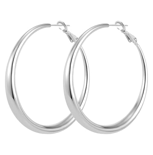 14K Gold Plated Hoop Earrings for Women, 925 Sterling Silver Hypoallergenic Post Hoops 30/40/50mm,Thick Infinity Hoops Small Trendy Chunky Earrings - color: silver, size: 50mm