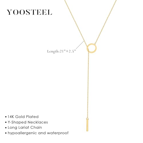 Yoosteel Long 14K-Gold-Plated Necklace for Women,Layered Lariat Necklaces | Dainty Y Drop Necklaces, Western Necklace Stack,Simple Bar Heart Circle Pendant,Prom Choker Chain Jewelry,Trendy Gifts - color: Cricle Long Bar Y-Shaped Necklace