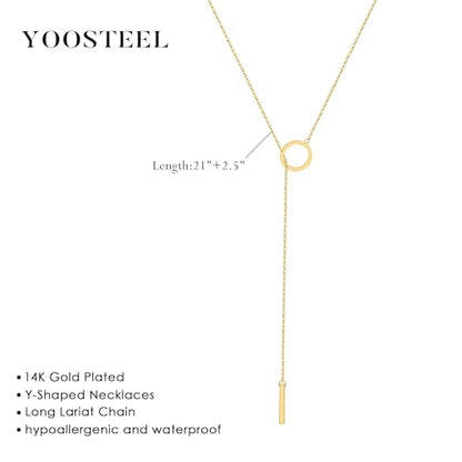 Yoosteel Long 14K-Gold-Plated Necklace for Women,Layered Lariat Necklaces | Dainty Y Drop Necklaces, Western Necklace Stack,Simple Bar Heart Circle Pendant,Prom Choker Chain Jewelry,Trendy Gifts - color: Cricle Long Bar Y-Shaped Necklace